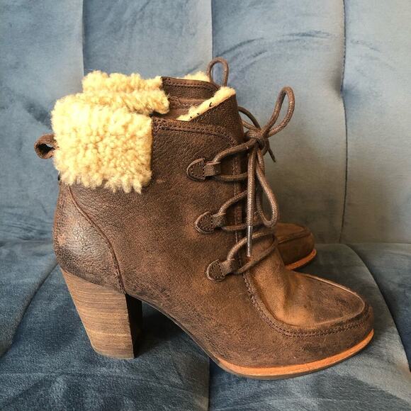 UGG Analise Brown Suede Sheepskin Ankle Boots U.S. Size 5 Lace Up Block Heels - Picture 4 of 8